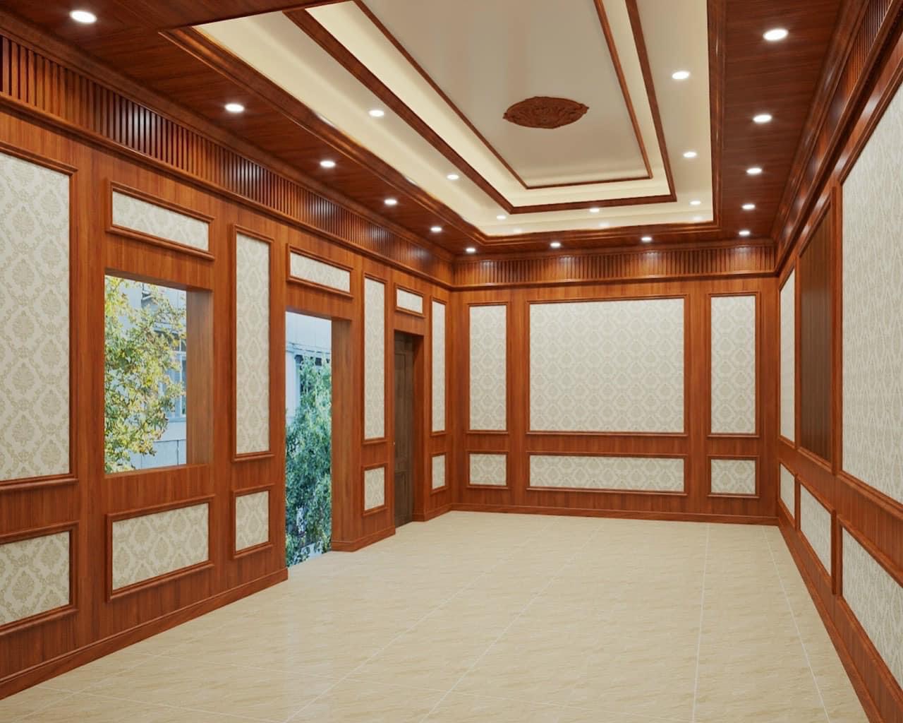 Không gian sang trọng với trần gỗ ốp hiện đại, tạo điểm nhấn tinh tế